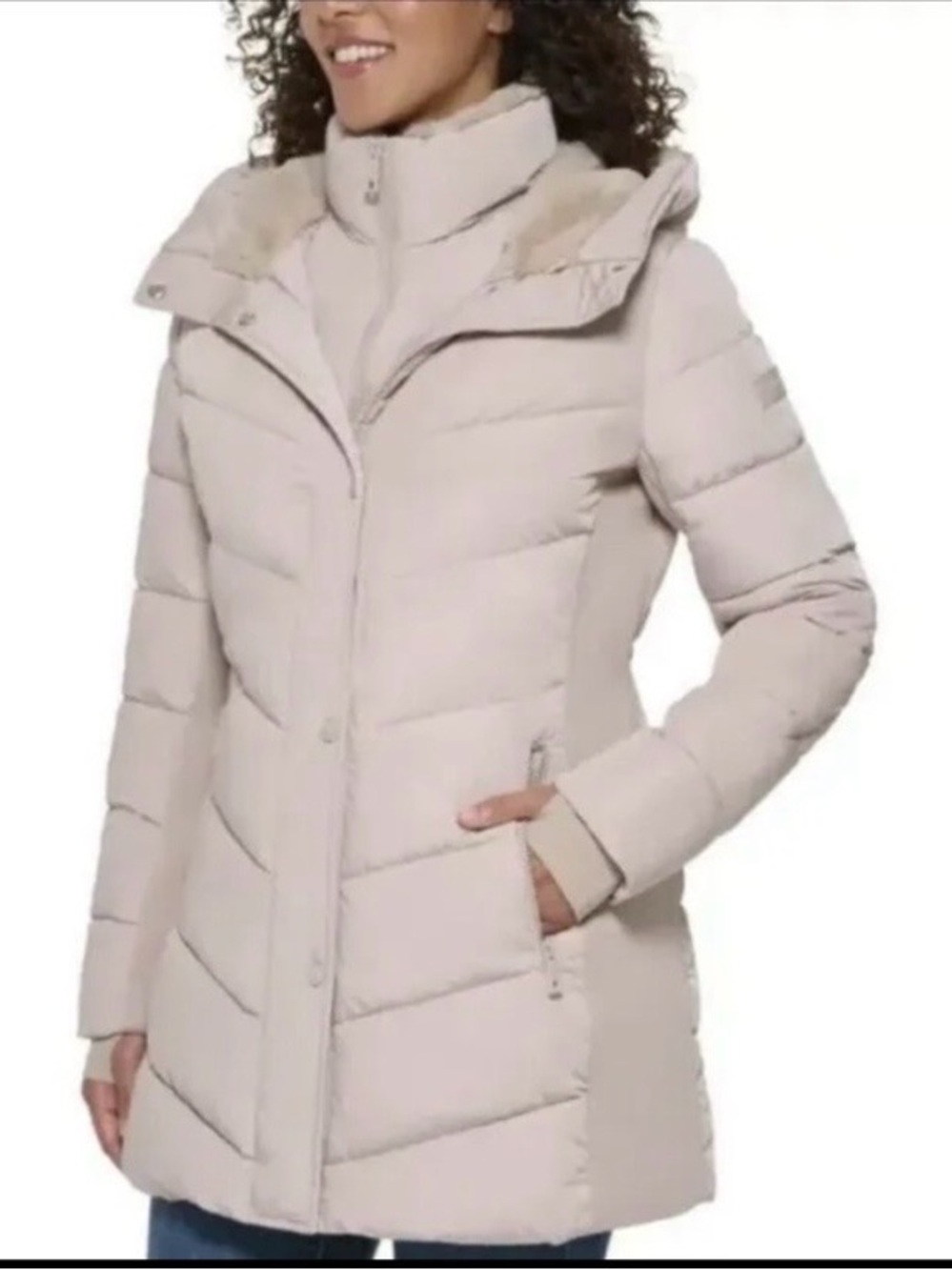 Andrew Marc NWT Cream Quilted Puffer Coat with Faux Fur Collar - Picture 6 of 11